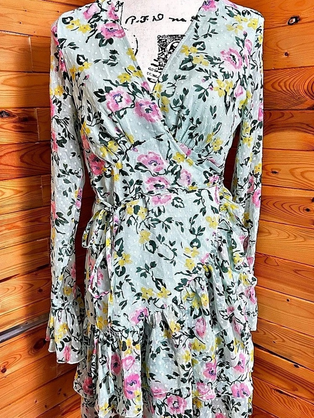 ASOS DESIGN Floral Mini Wrap Dress in White & 0ink and green.Size 8
